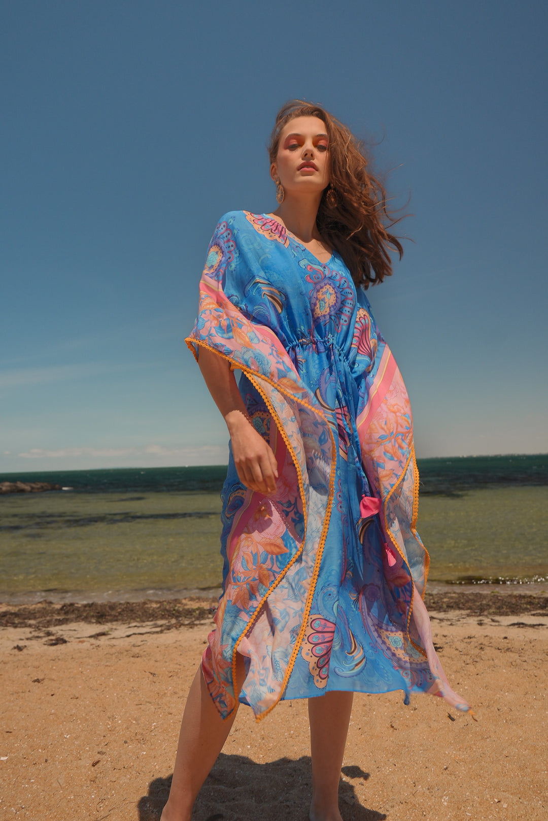 Batwing Split Maxi Kaftan in Cornflower Florentine