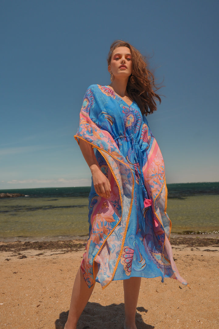 Batwing Split Maxi Kaftan in Cornflower Florentine