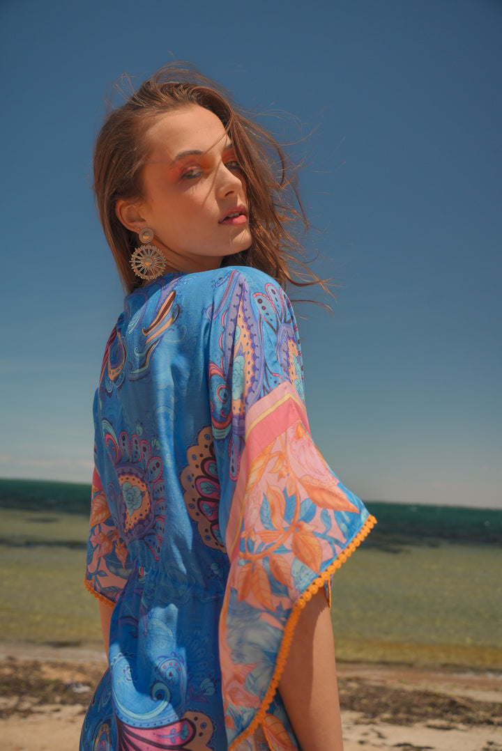 Batwing Split Maxi Kaftan in Cornflower Florentine