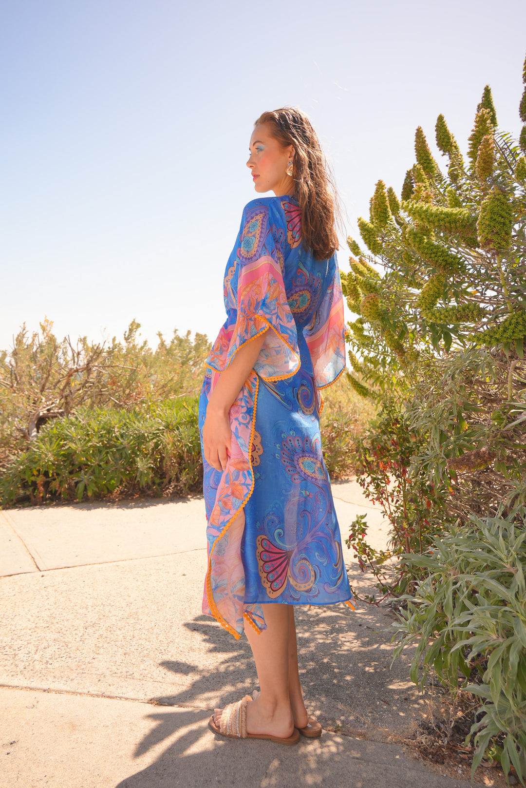 Batwing Split Maxi Kaftan in Cornflower Florentine