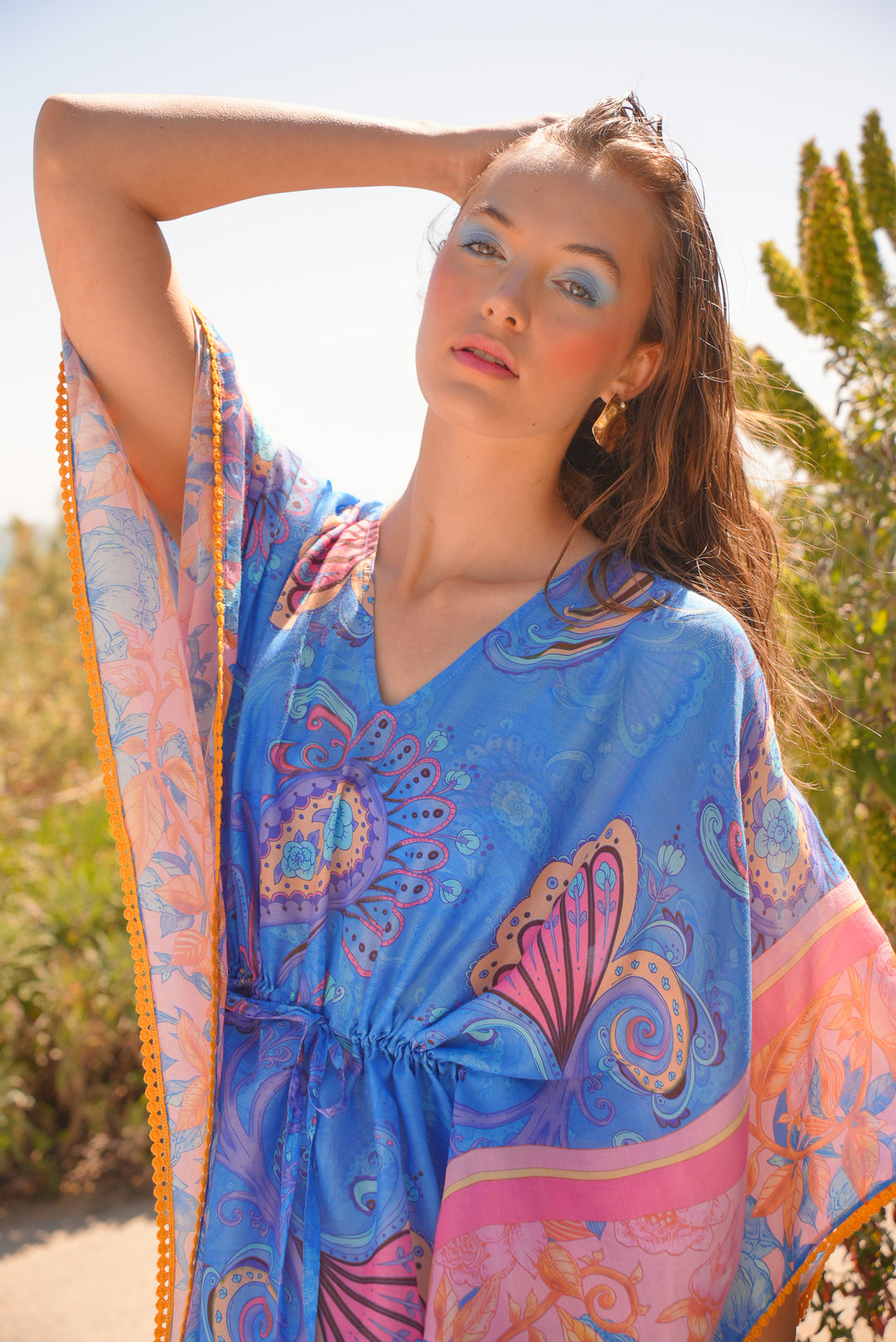 Batwing Split Maxi Kaftan in Cornflower Florentine