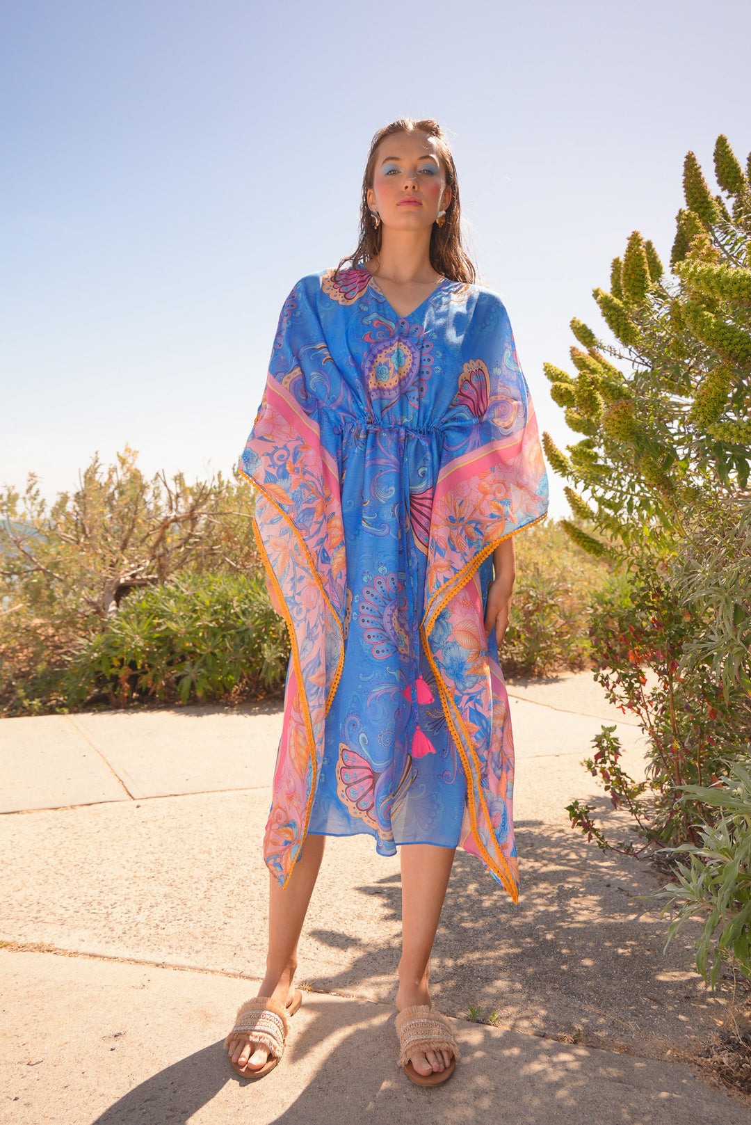 Batwing Split Maxi Kaftan in Cornflower Florentine