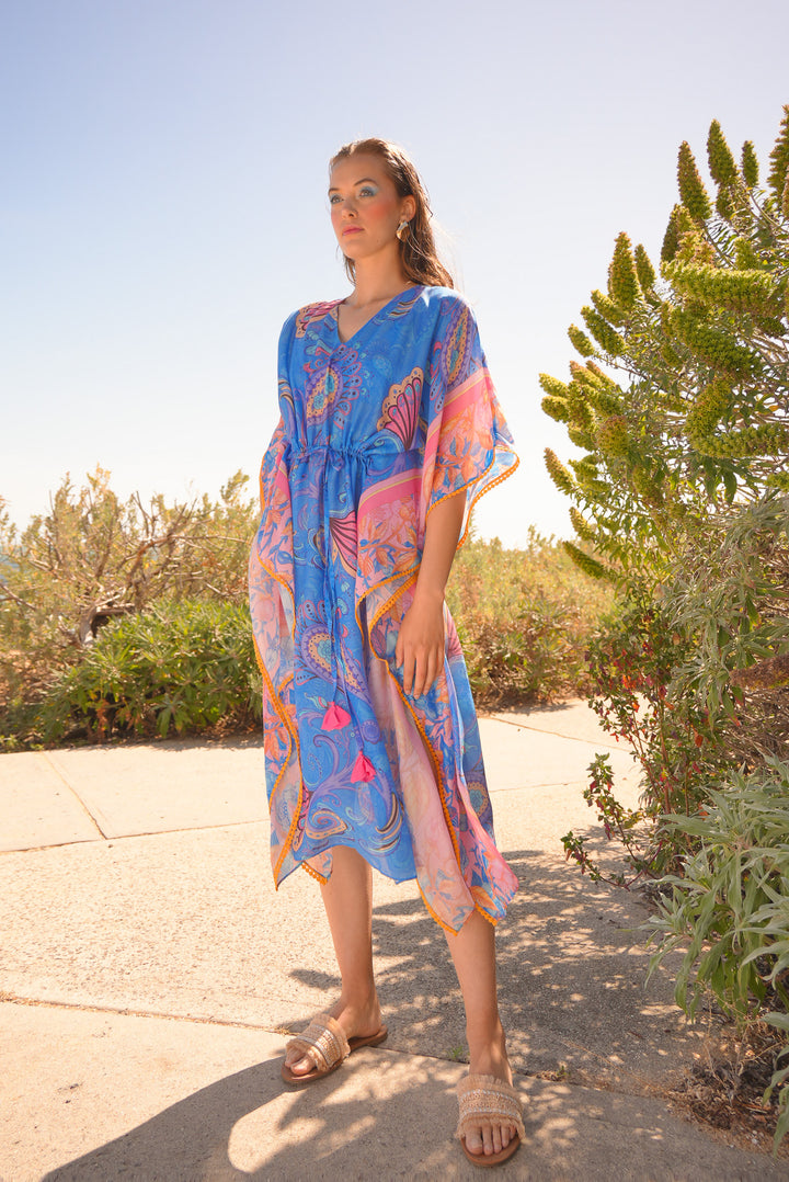 Batwing Split Maxi Kaftan in Cornflower Florentine