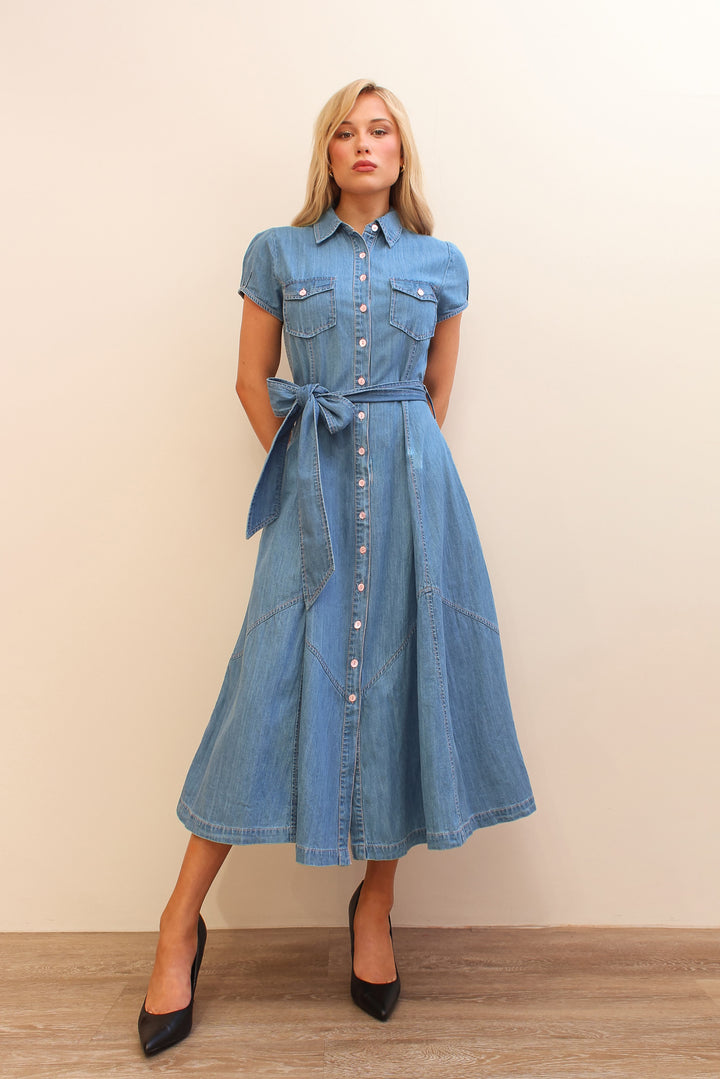 Cap Sleeve Denim Dress in Light Wash