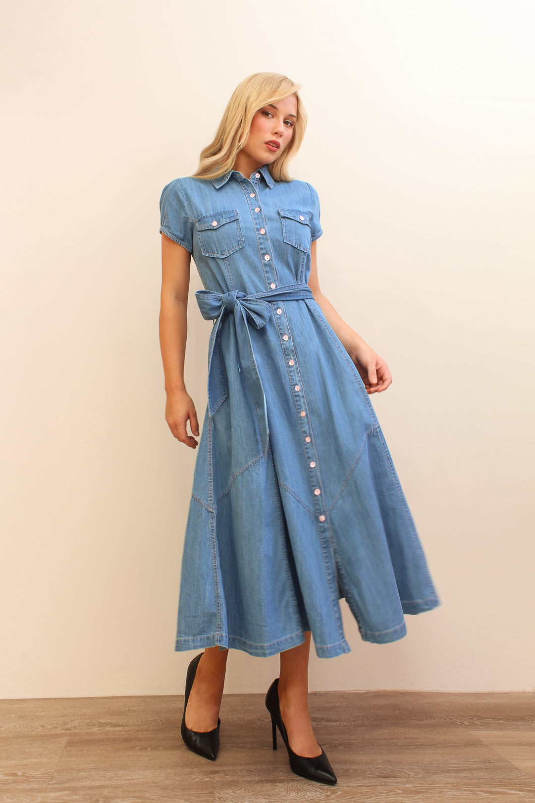 Cap Sleeve Denim Dress in Light Wash