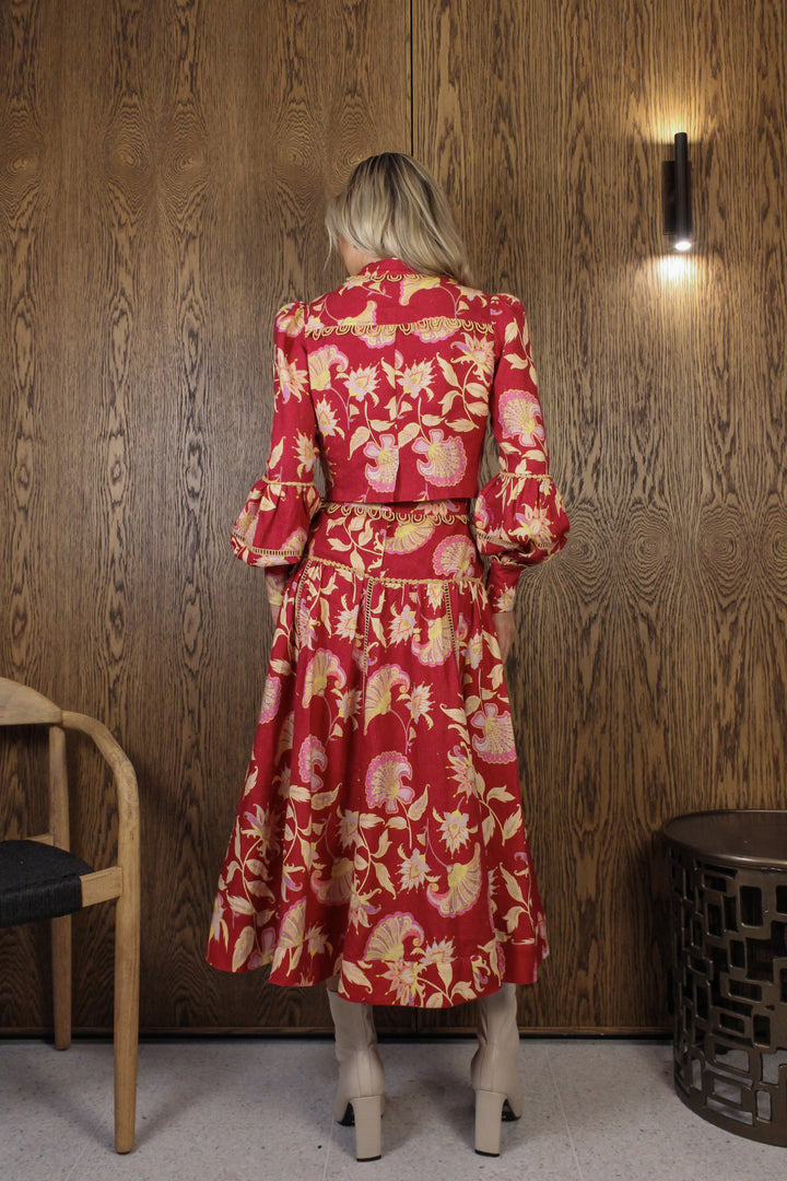 Banded Midi Skirt in Merlot Florentine