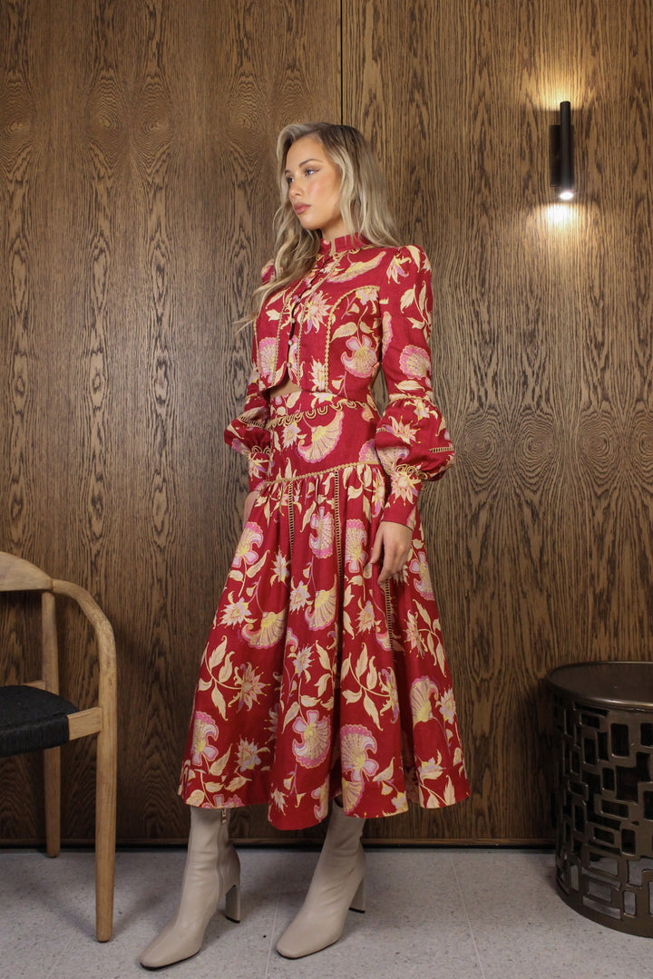 Banded Midi Skirt in Merlot Florentine