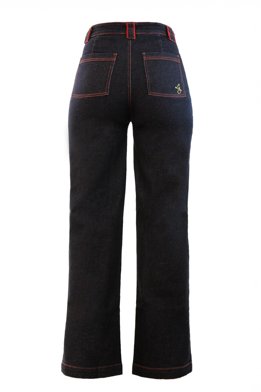 Embroidered Straight Leg Jean in Dark Wash with Red Stitching