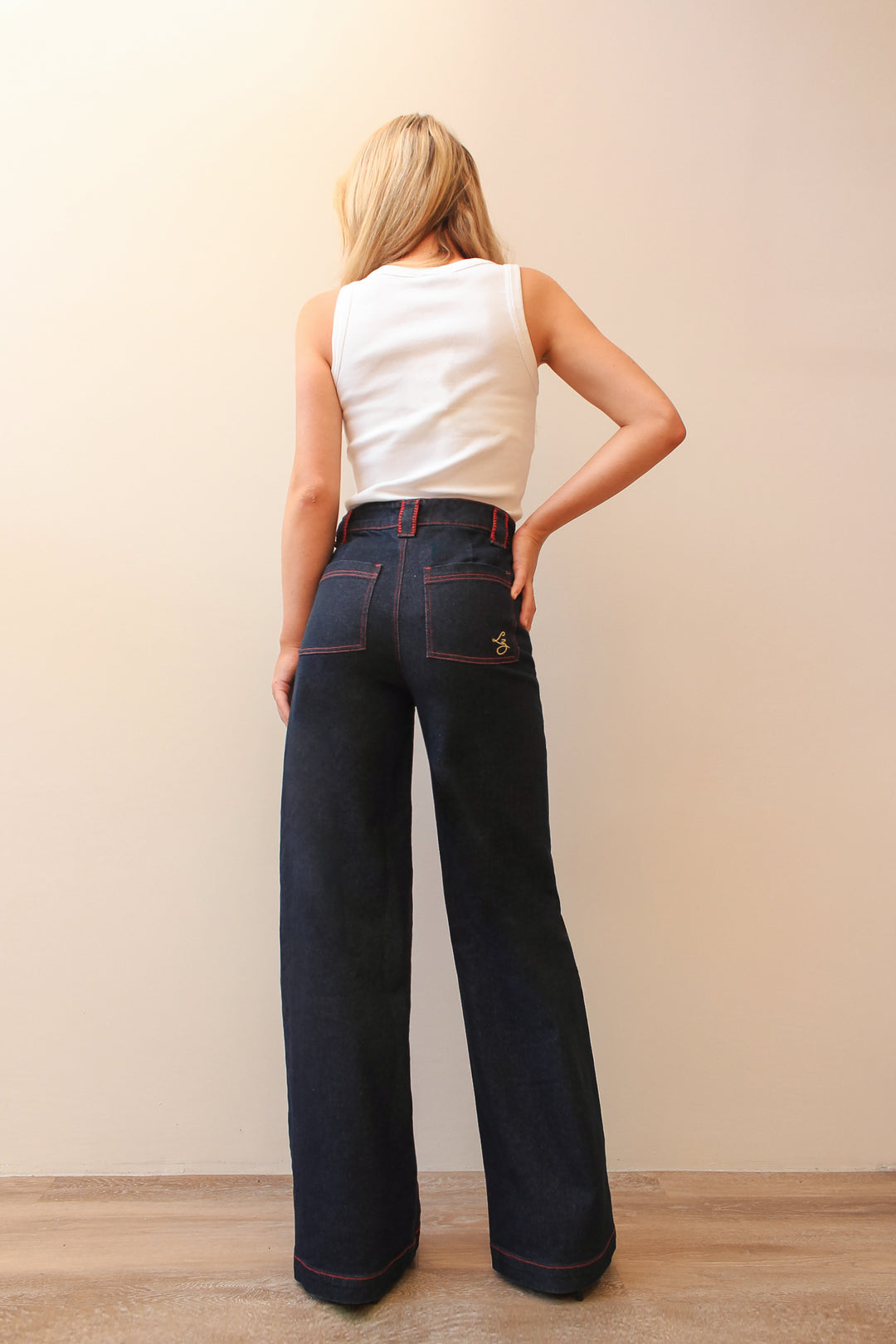 Embroidered Straight Leg Jean in Dark Wash with Red Stitching