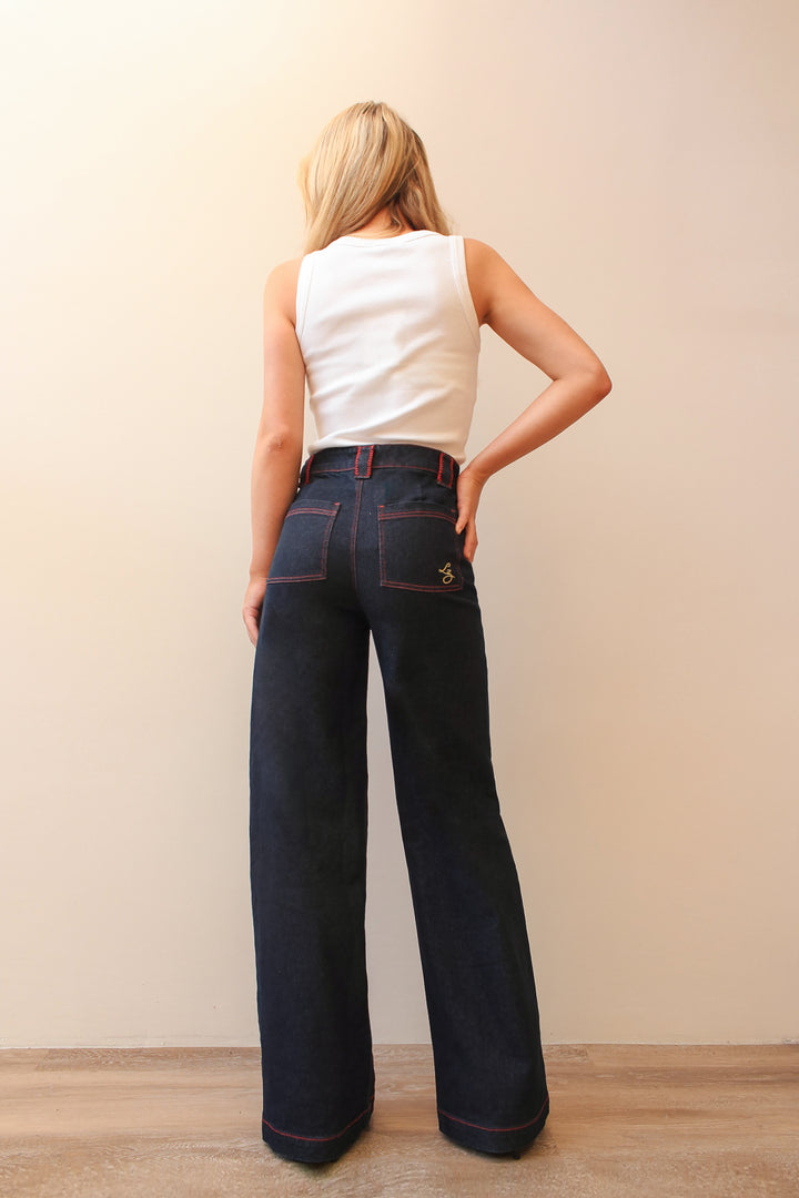 Embroidered Straight Leg Jean in Dark Wash with Red Stitching