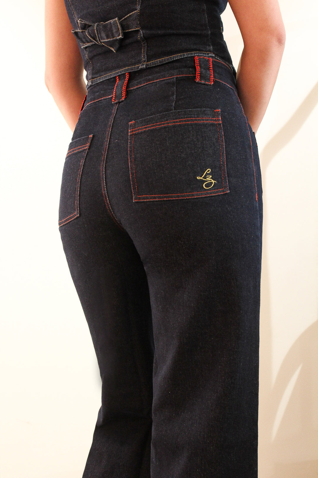 Embroidered Straight Leg Jean in Dark Wash with Red Stitching