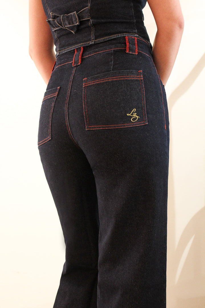 Embroidered Straight Leg Jean in Dark Wash with Red Stitching