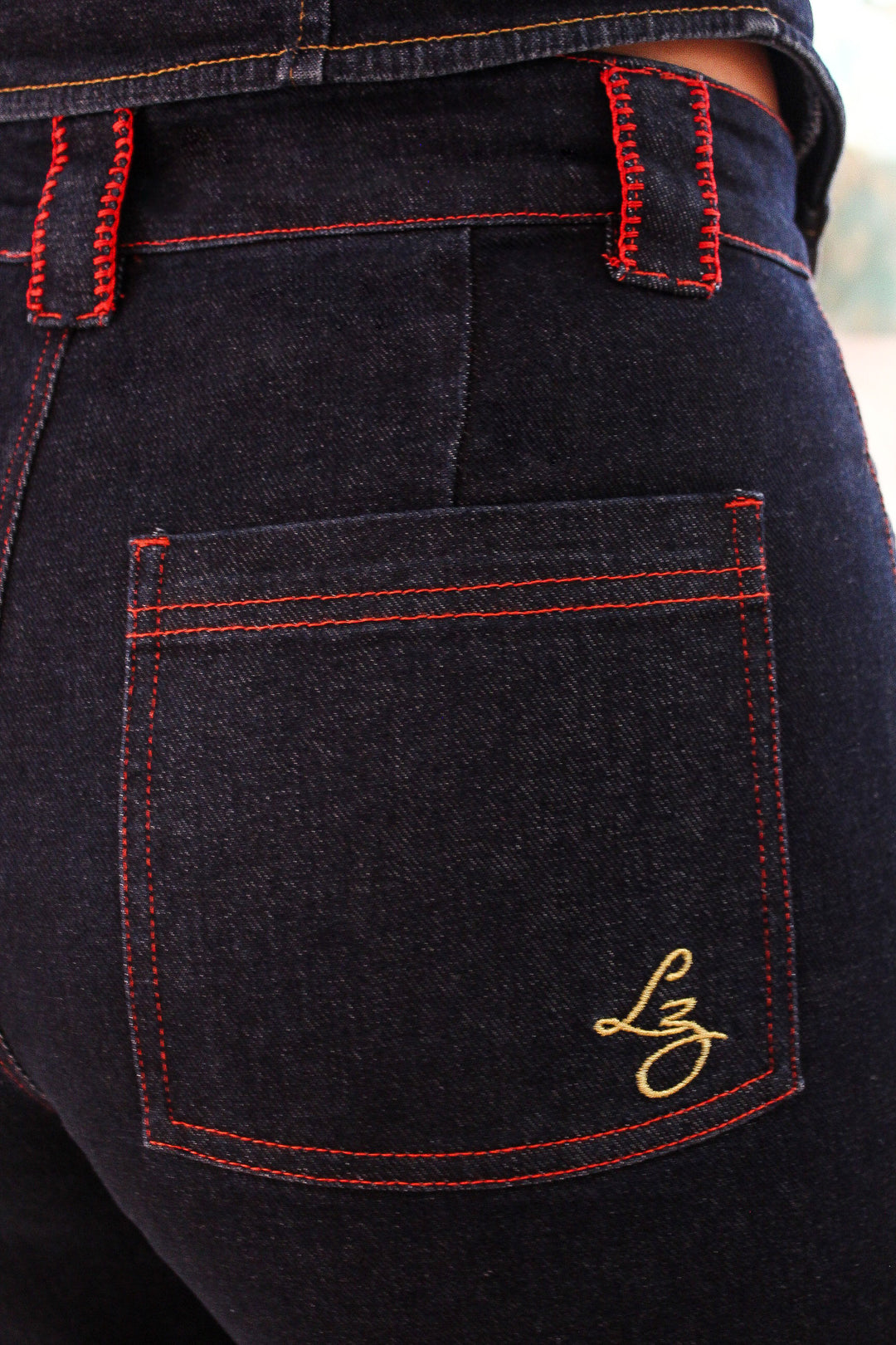 Embroidered Straight Leg Jean in Dark Wash with Red Stitching