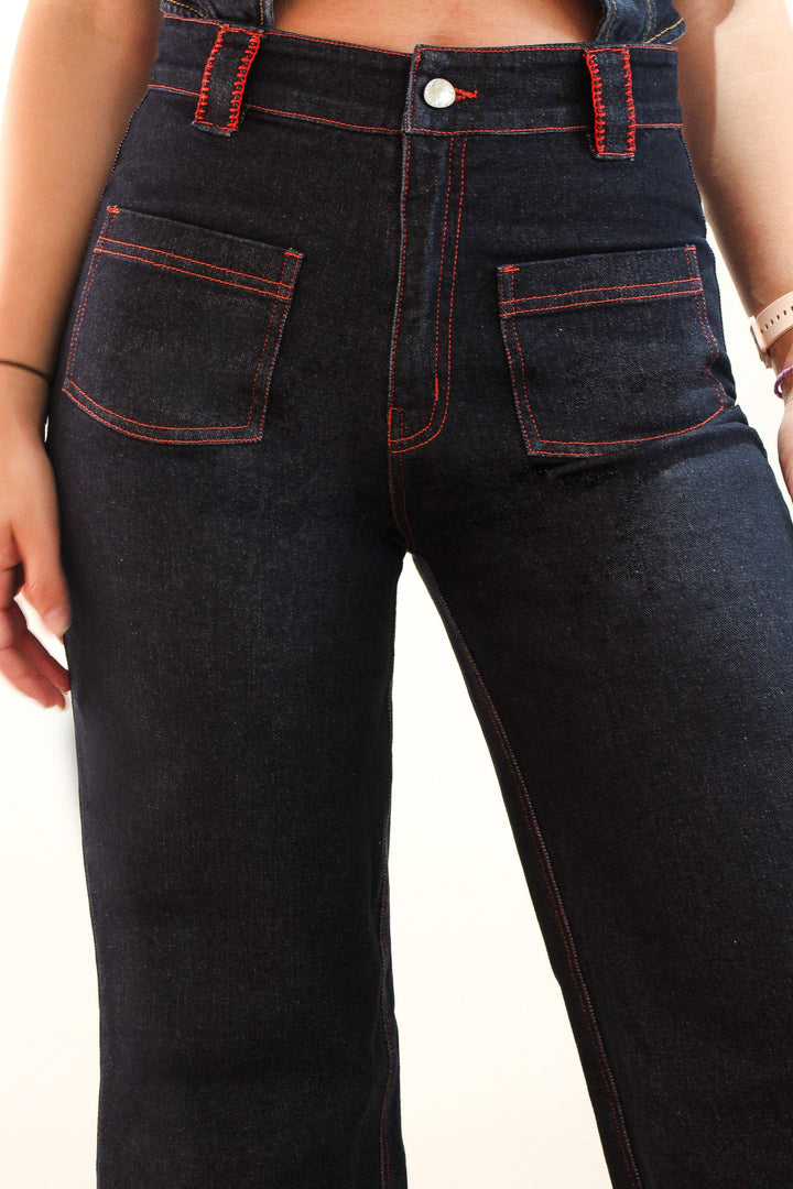 Embroidered Straight Leg Jean in Dark Wash with Red Stitching