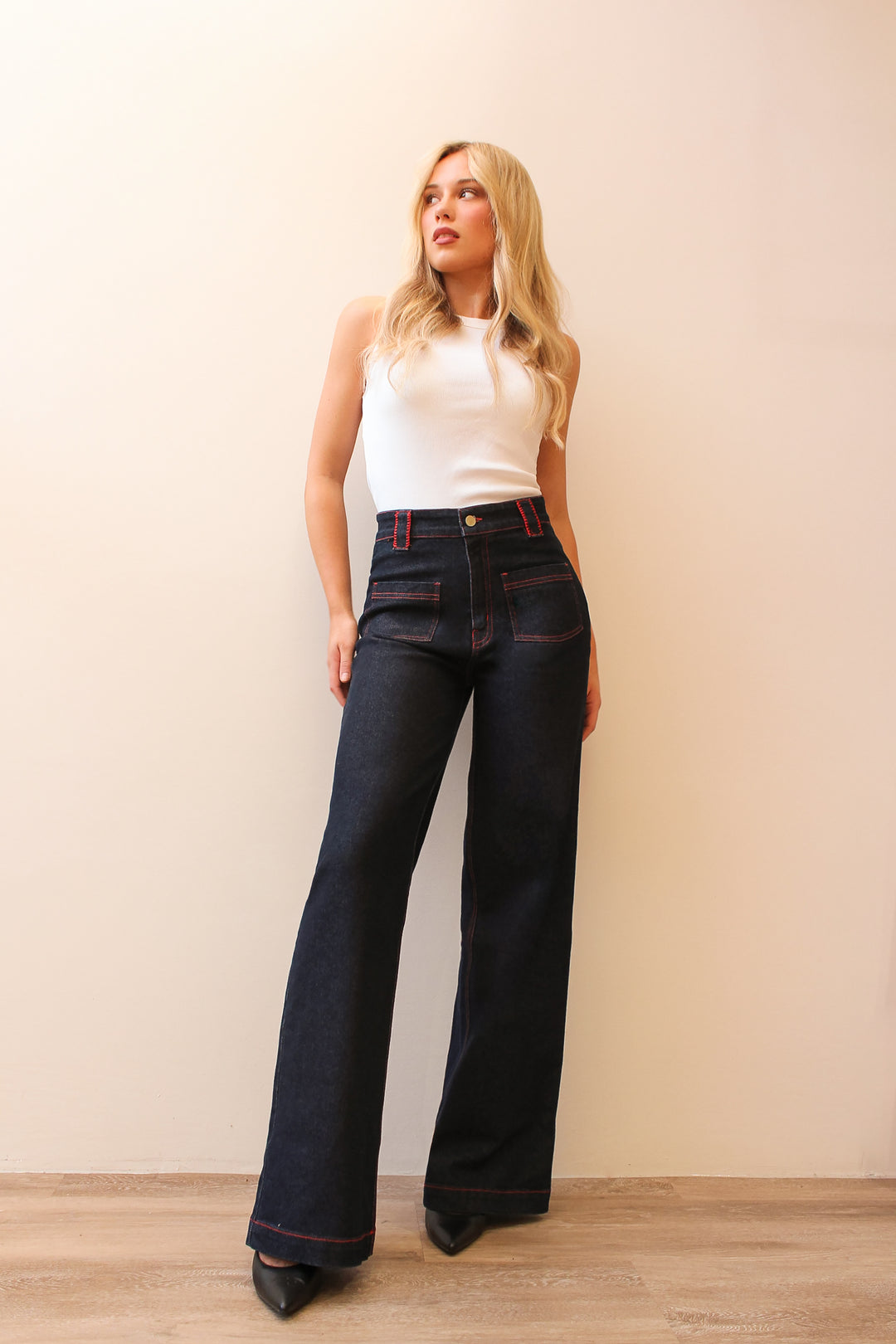 Embroidered Straight Leg Jean in Dark Wash with Red Stitching