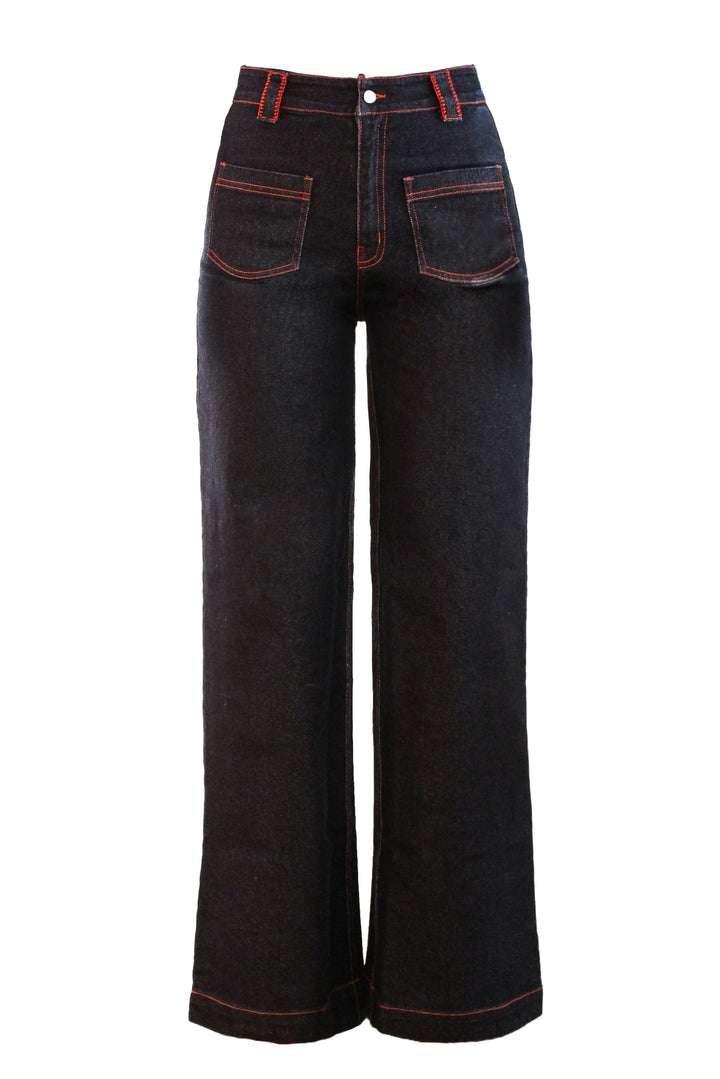 Embroidered Straight Leg Jean in Dark Wash with Red Stitching