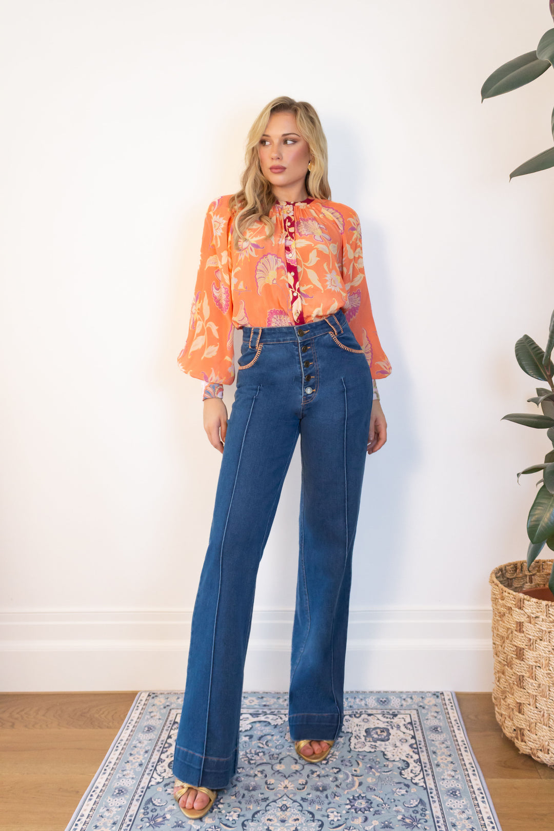 Long Sleeve Raglan Blouse in Pumpkin Florentine