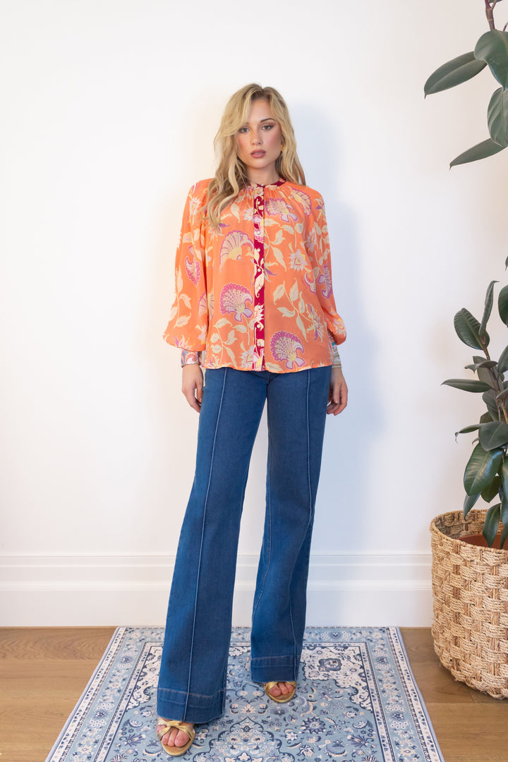 Long Sleeve Raglan Blouse in Pumpkin Florentine
