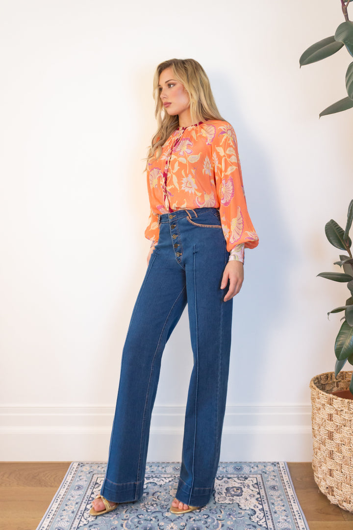 Long Sleeve Raglan Blouse in Pumpkin Florentine