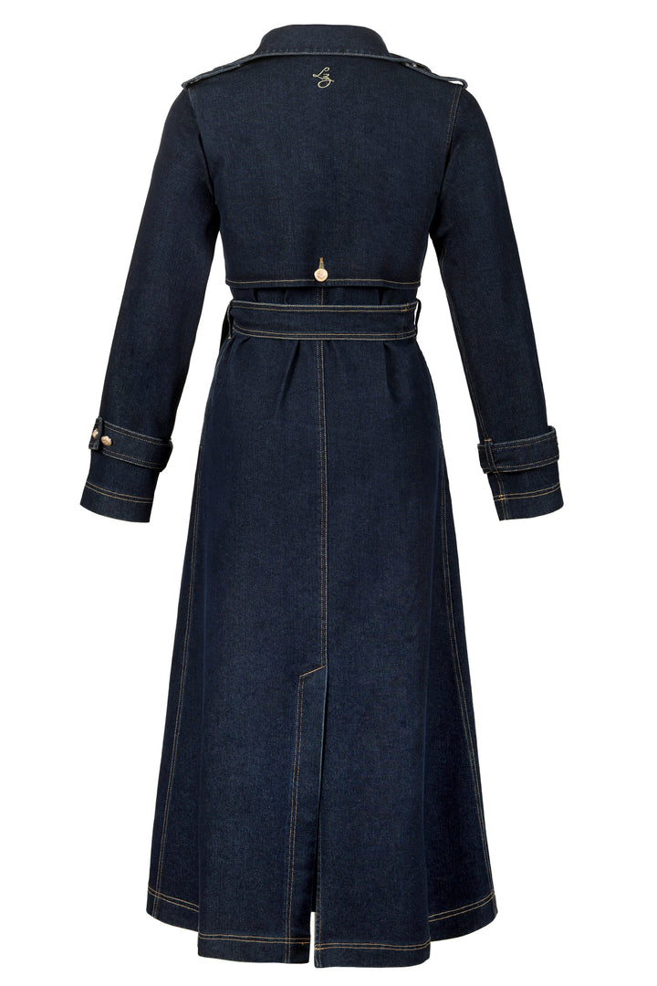 Longline Trench Coat in Dark Wash Denim