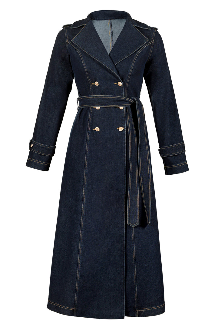 Longline Trench Coat in Dark Wash Denim