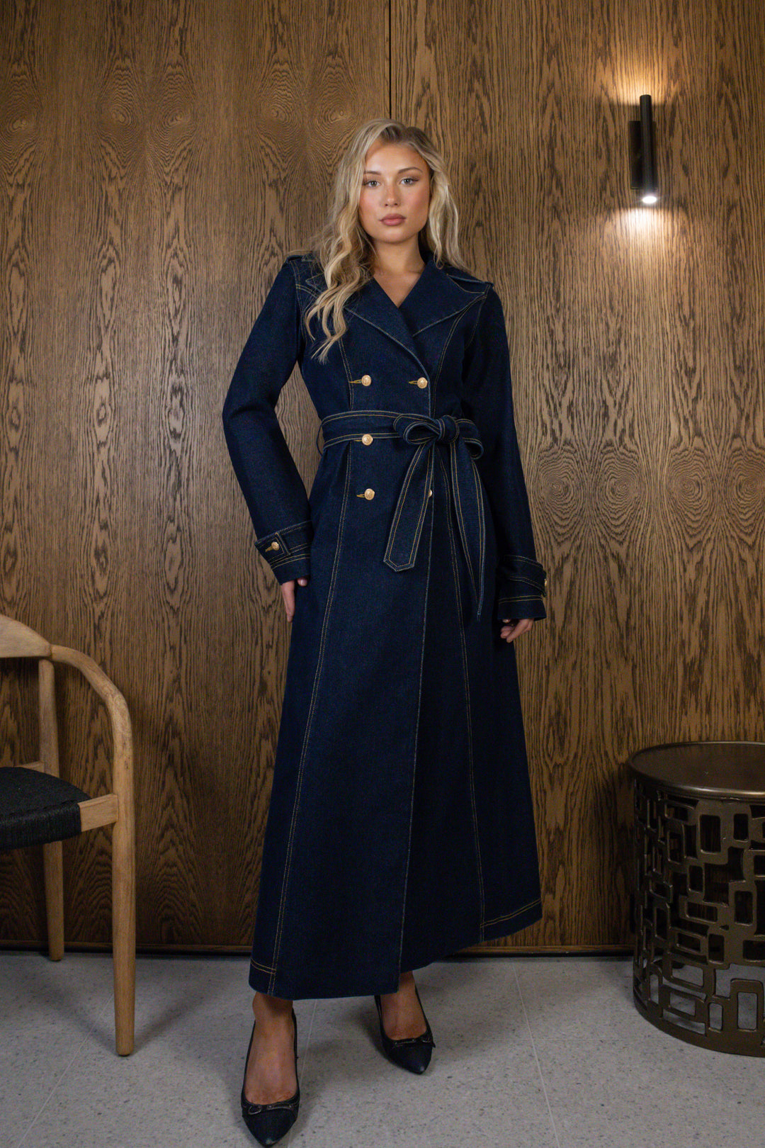 Longline Trench Coat in Dark Wash Denim