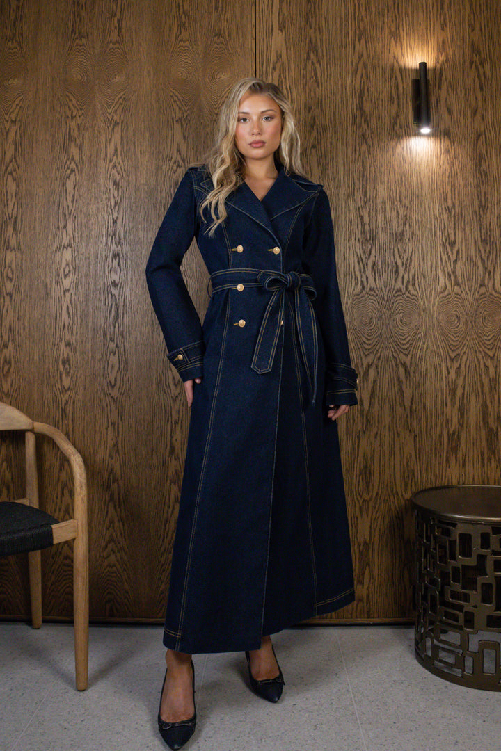 Longline Trench Coat in Dark Wash Denim