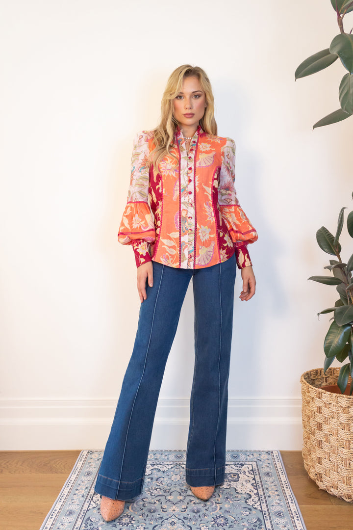 Panelled Balloon Sleeve Blouse in Blush Florentine