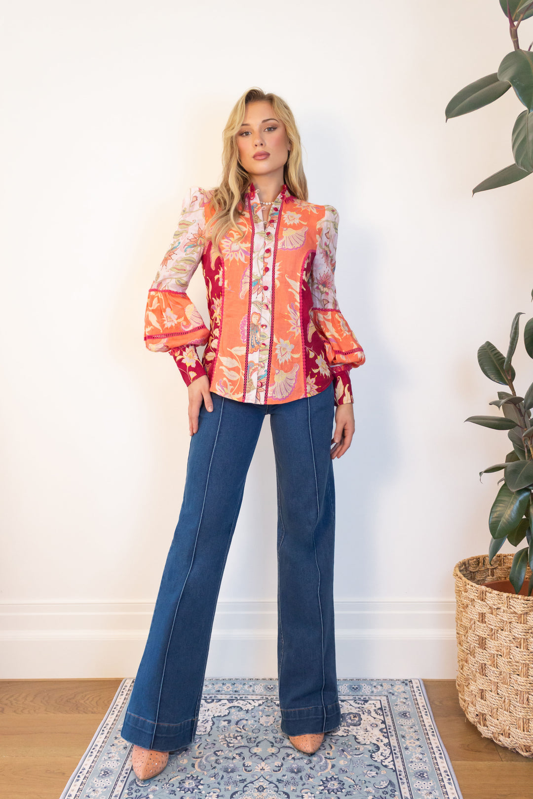 Panelled Balloon Sleeve Blouse in Blush Florentine