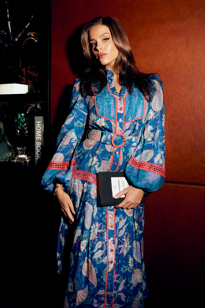 Pintuck Midi Dress in Blue Florentine