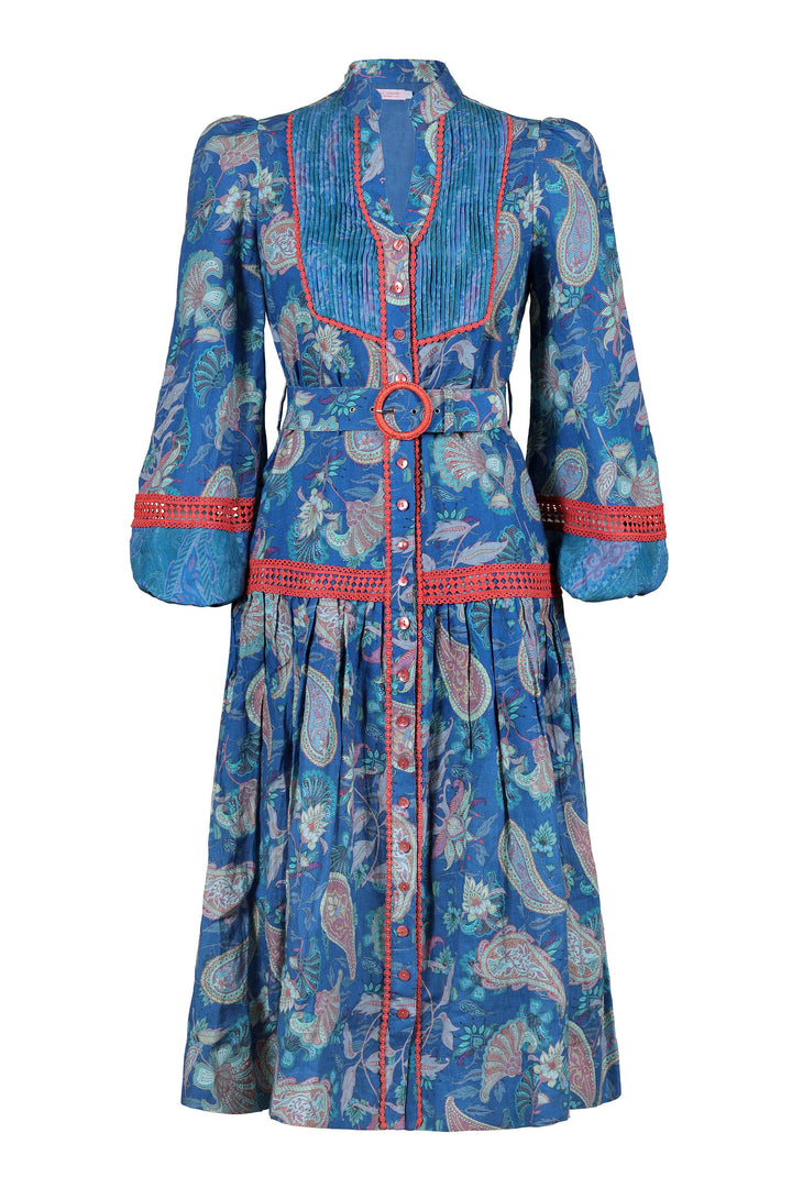 Pintuck Midi Dress in Blue Florentine