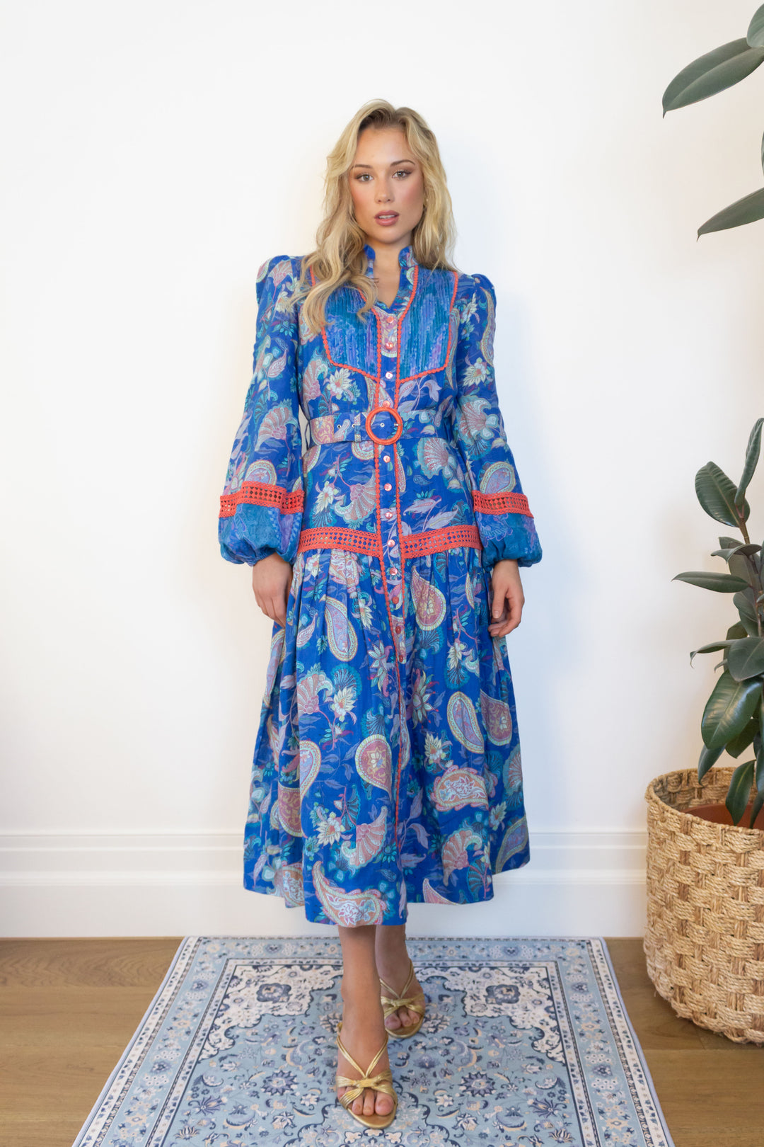 Pintuck Midi Dress in Blue Florentine