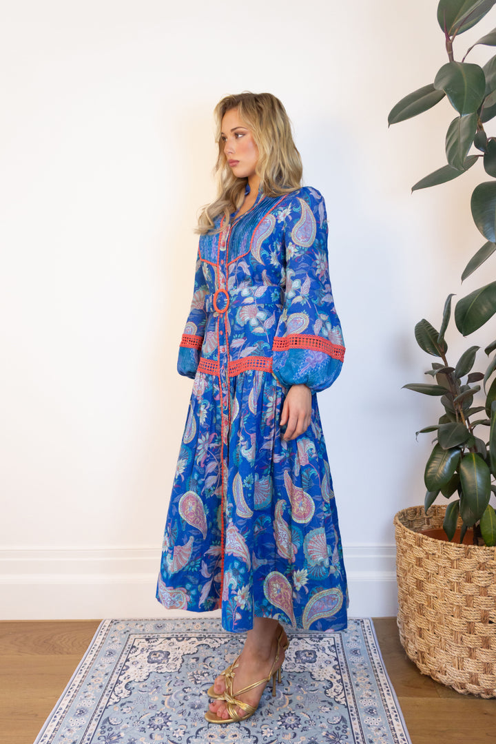 Pintuck Midi Dress in Blue Florentine