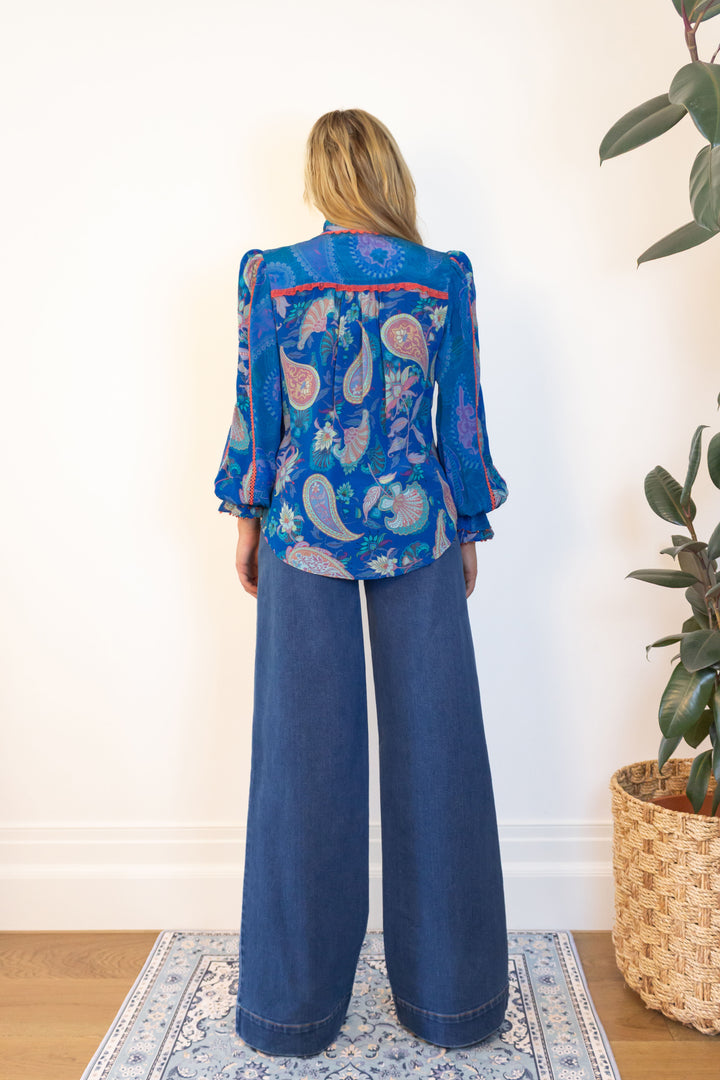 Ruffle Blouse in Blue Florentine