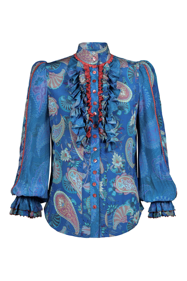 Ruffle Blouse in Blue Florentine
