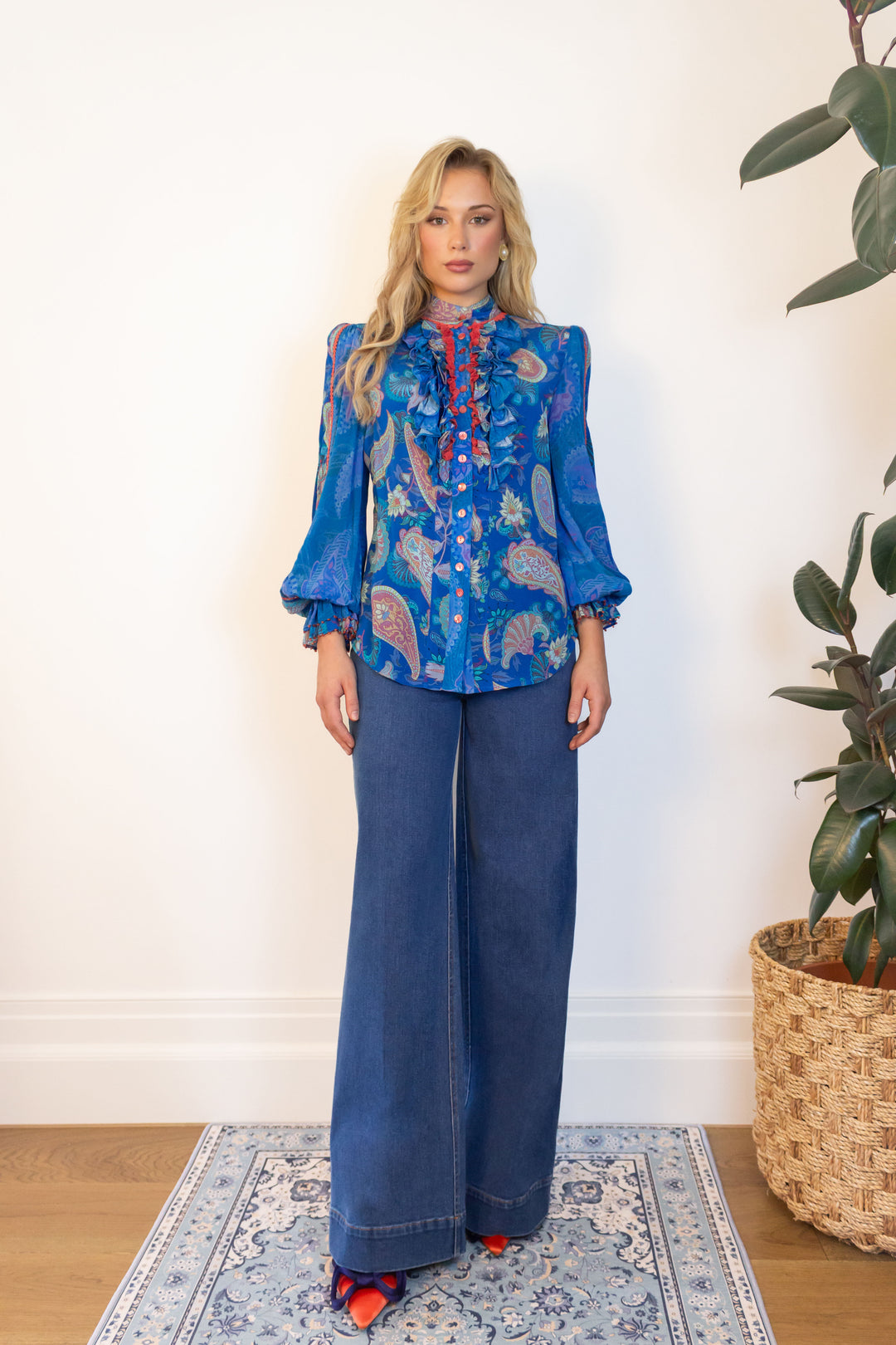 Ruffle Blouse in Blue Florentine