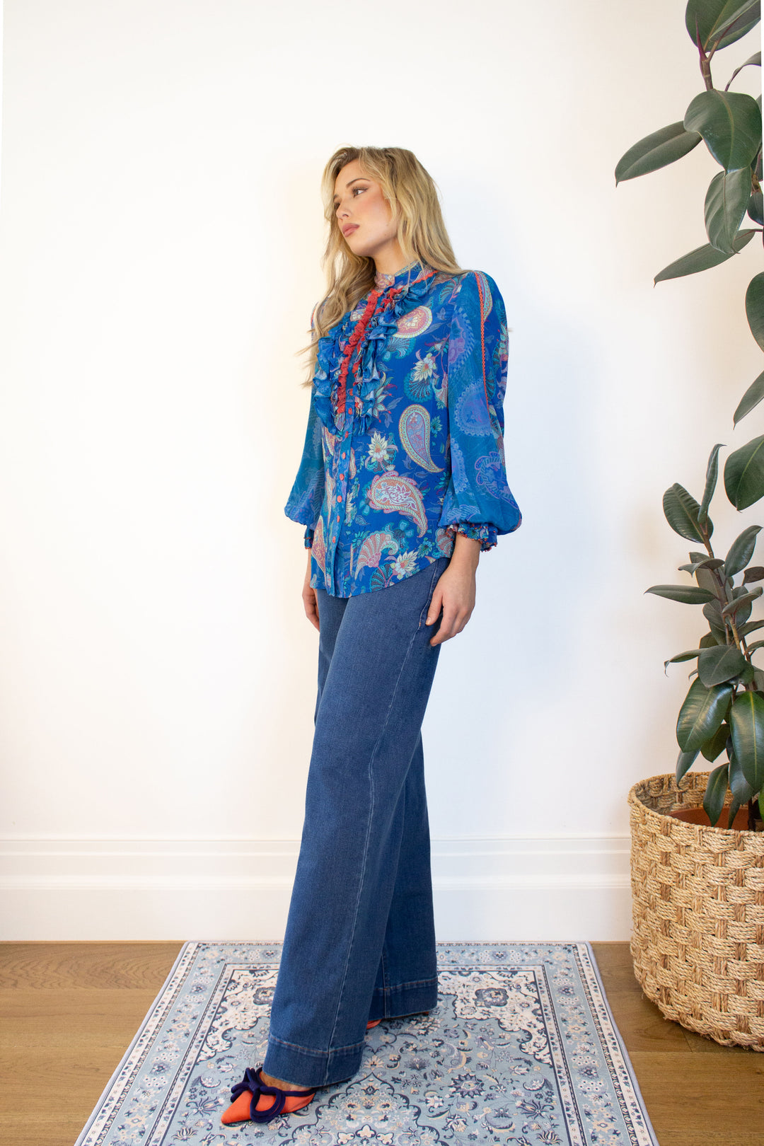 Ruffle Blouse in Blue Florentine