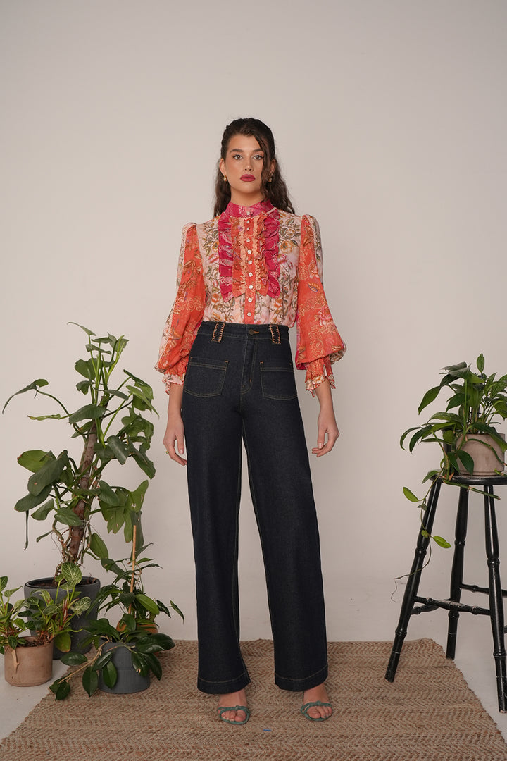 Embroidered Straight Leg Jean in Dark Wash