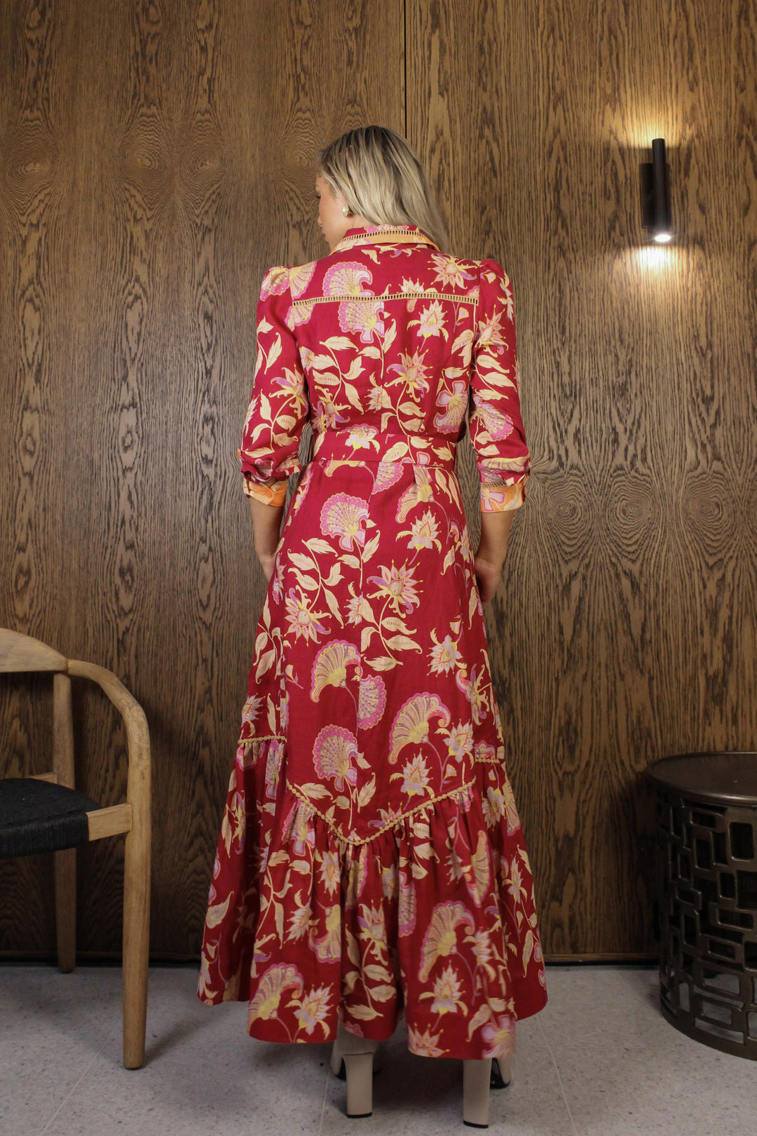 Spliced Collar Trench Maxi Dress in Merlot Florentine