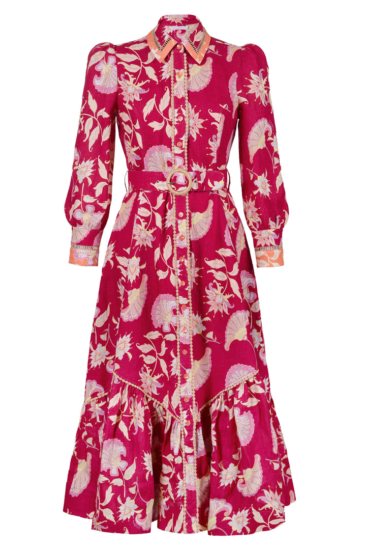 Spliced Collar Trench Maxi Dress in Merlot Florentine