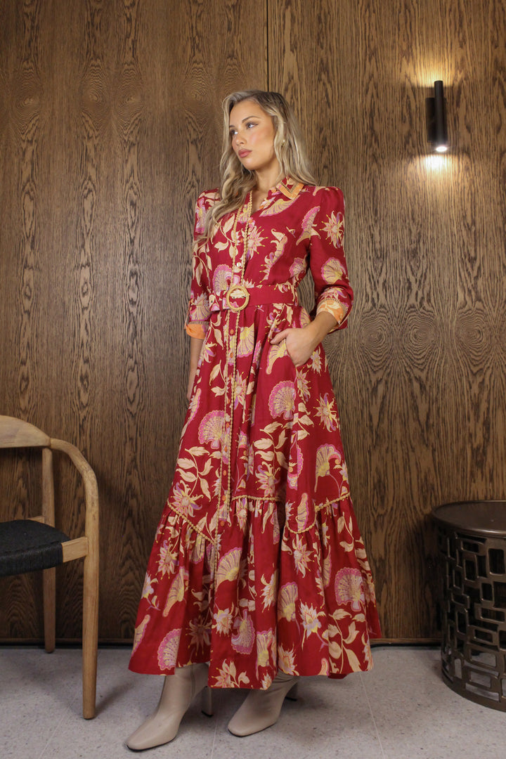 Spliced Collar Trench Maxi Dress in Merlot Florentine