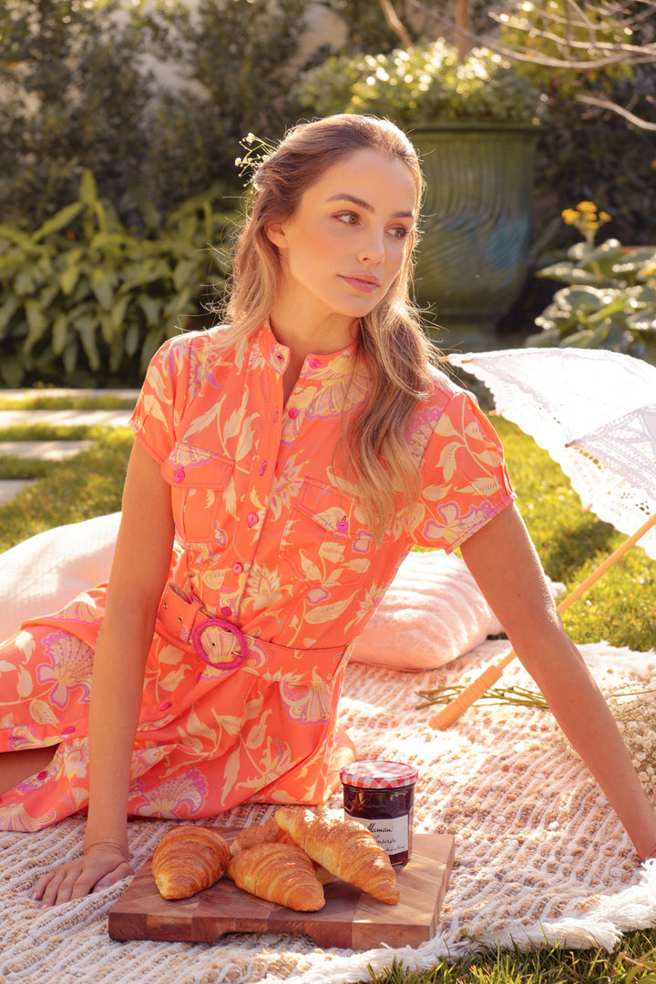 Cap Sleeve Midi Dress in Pumpkin Florentine