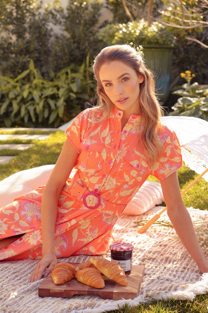 Cap Sleeve Midi Dress in Pumpkin Florentine