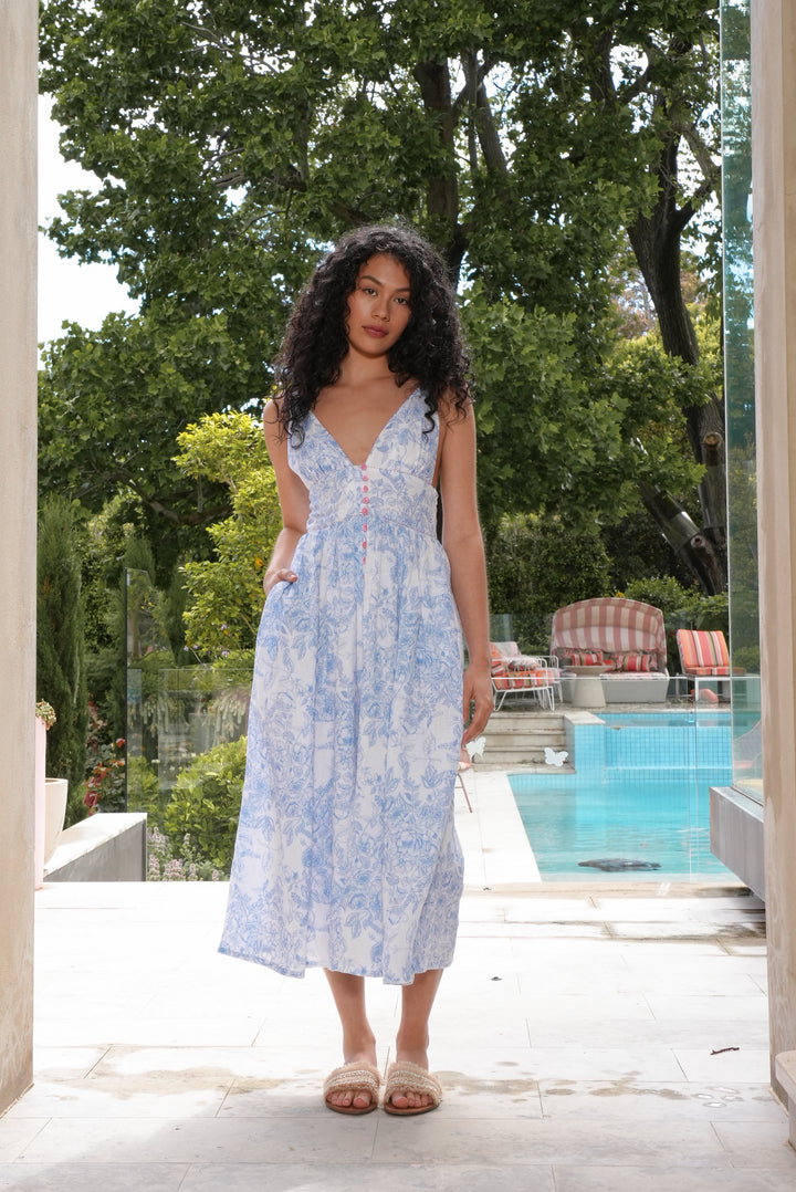 Bralet Maxi Dress in Blue Toile