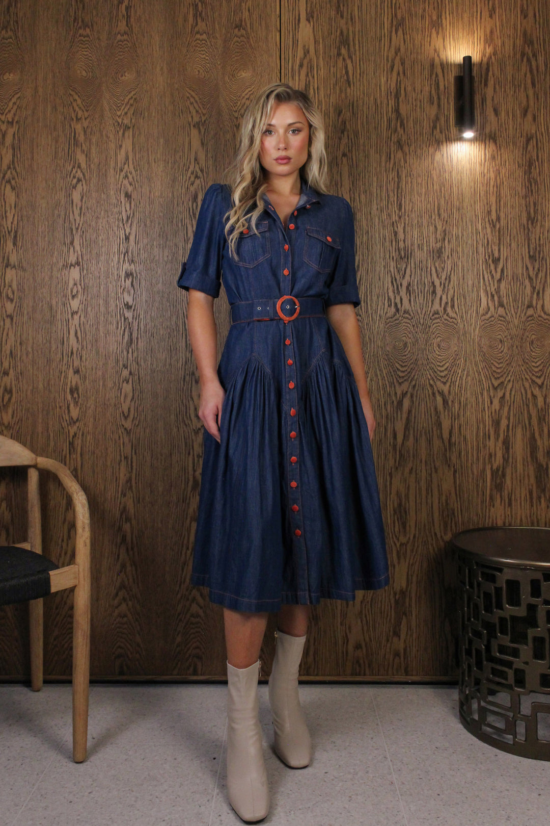 Cap Sleeve Midi Dress in Dark Wash