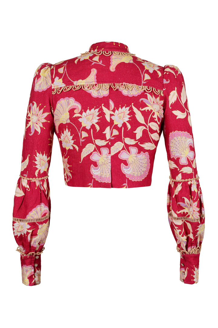 Cropped Puff Sleeve Jacket in Merlot Florentine