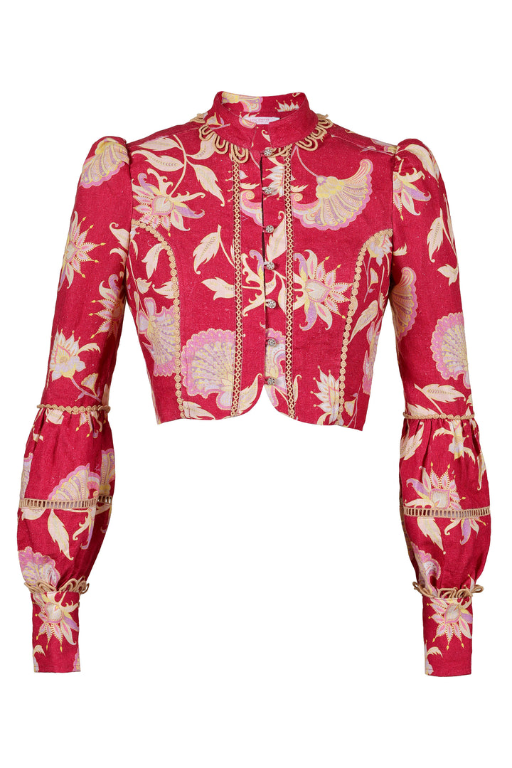 Cropped Puff Sleeve Jacket in Merlot Florentine