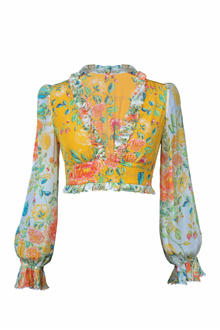 Cropped Split Sleeve Blouse in Citrus Bloom