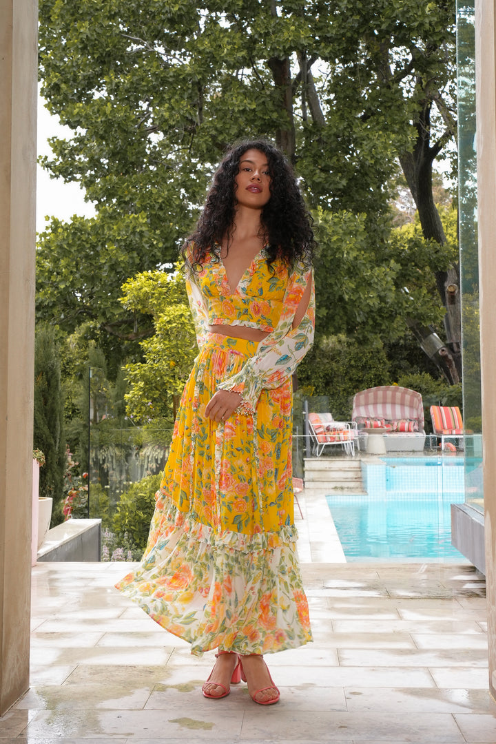 Cropped Split Sleeve Blouse in Citrus Bloom
