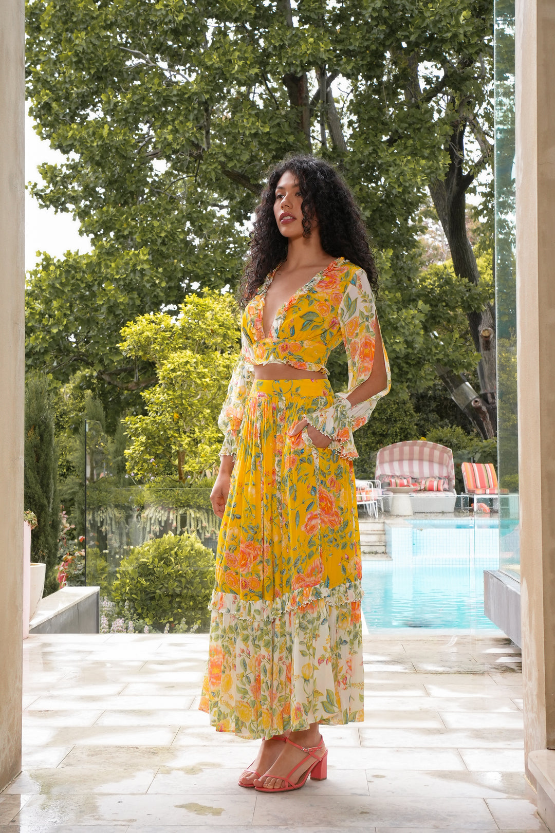 Cropped Split Sleeve Blouse in Citrus Bloom